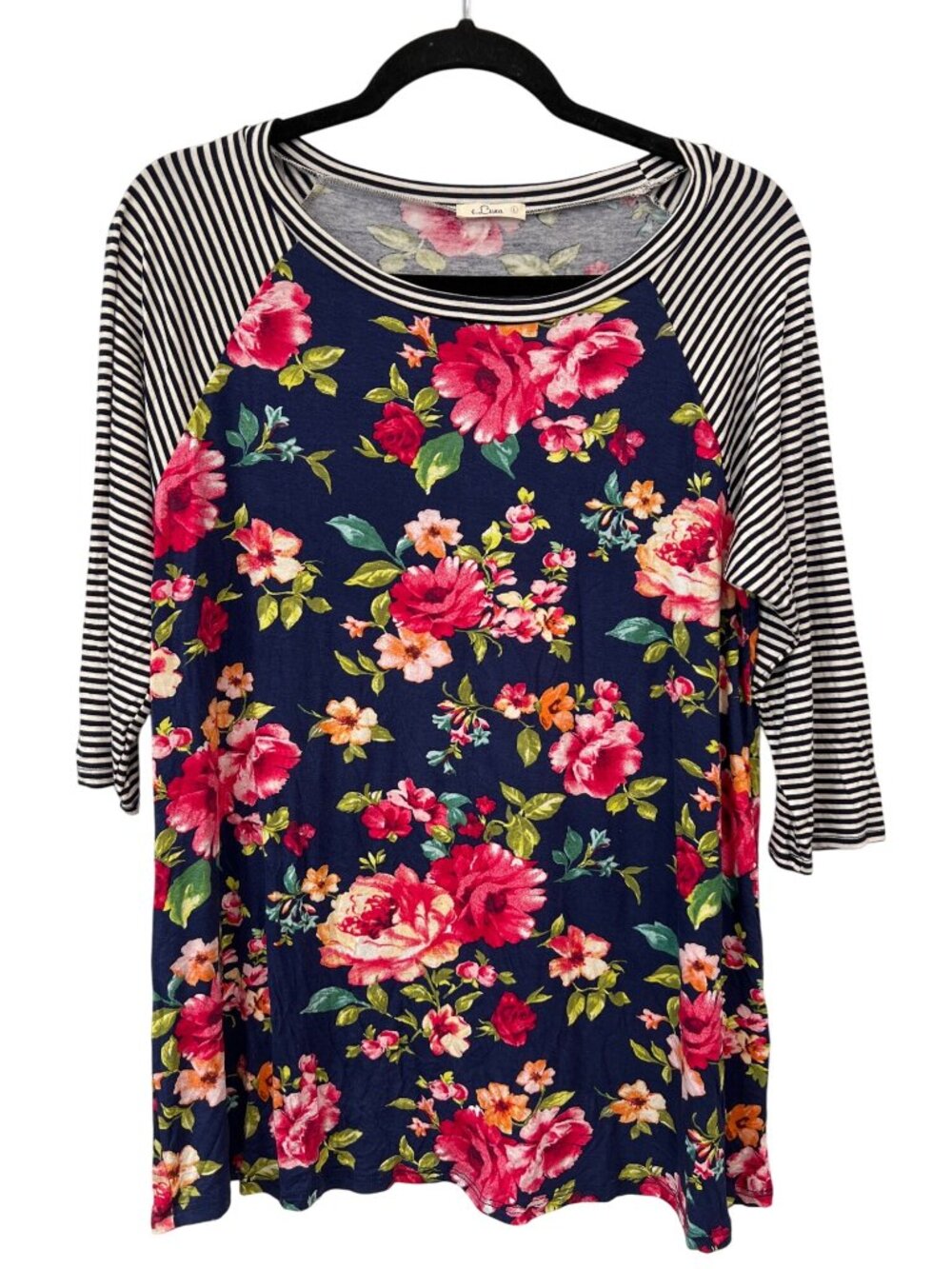 E Luna Blouse Large Striped Floral Raglan Sleeve Navy Blue Multicolor Botanical